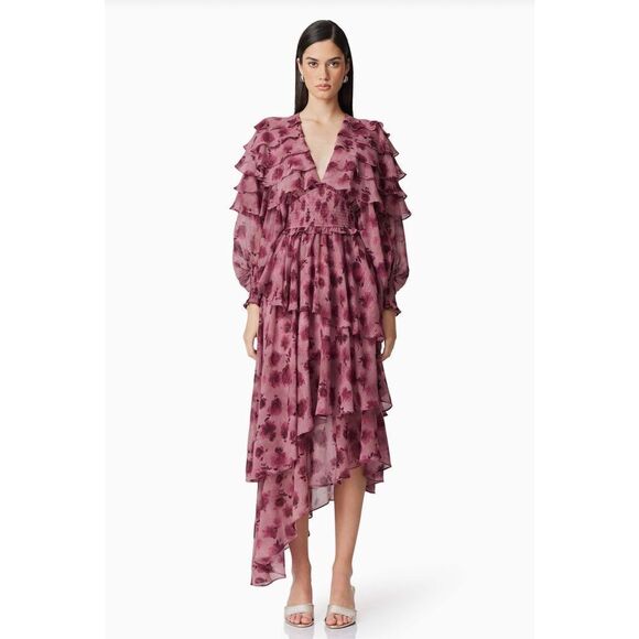 Elliatt Monica Long Sleeve Midi Dress Floral in Plum Party Cocktail size S NWT - Picture 2 of 6